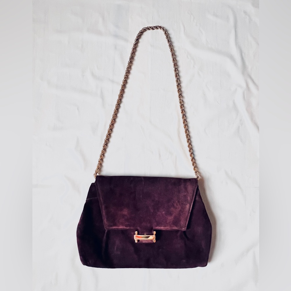 Vintage Ruth Saltz Purple Suede Clutch Shoulder Bag Gold Key Charm 1980s